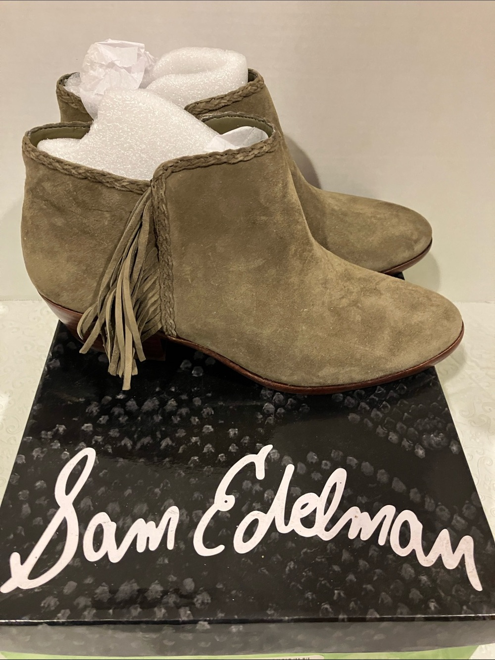 Sam Edelman Taupe Suede Fringe Ankle Booties